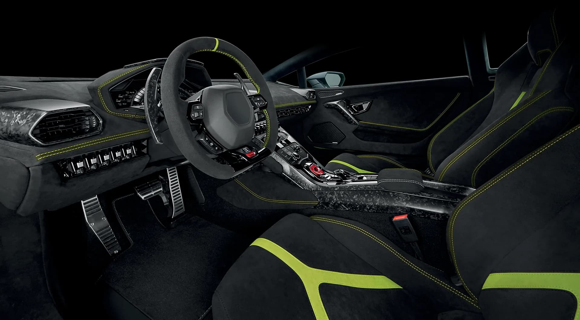 Sports car interior in black Alcantara with lime stitching